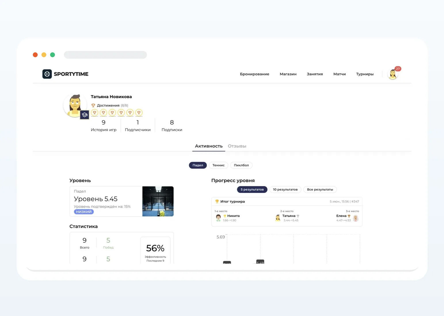 Профиль пользователя, история и платежи в SportyTime
